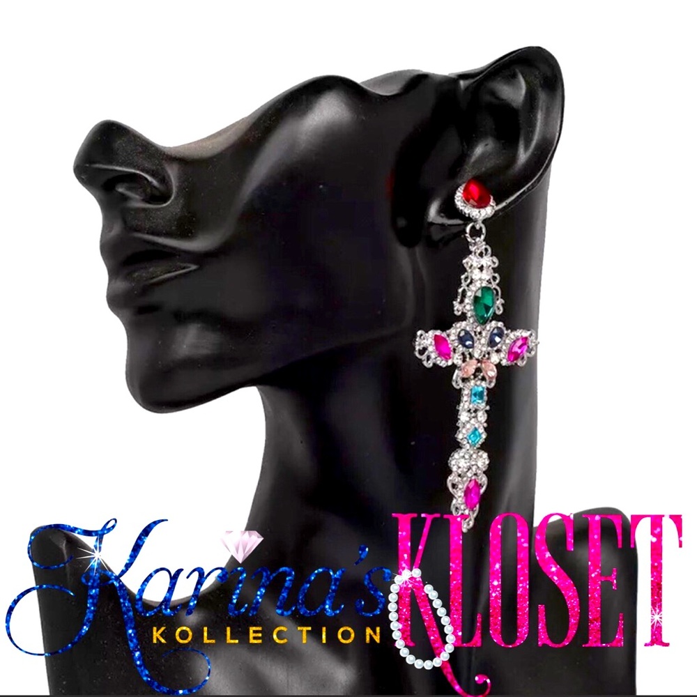 Cathedral Cross Queen Earrings, Catholic Earrings, Multicolored Earrings, Silver
